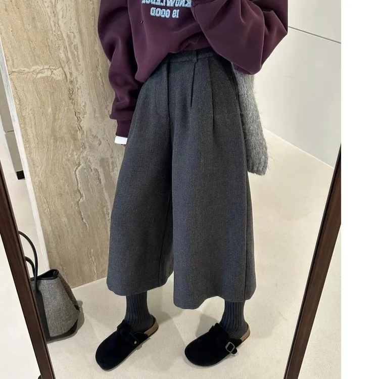 秋冬韩系气质直筒毛呢中裤女宽松休闲八分阔腿裤显瘦通勤七分裤