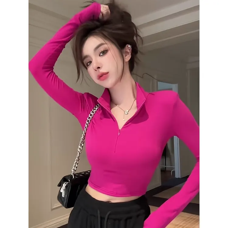 纯欲独特别致漂亮短款上衣女早秋季辣妹设计感紧身打底衫长袖T恤