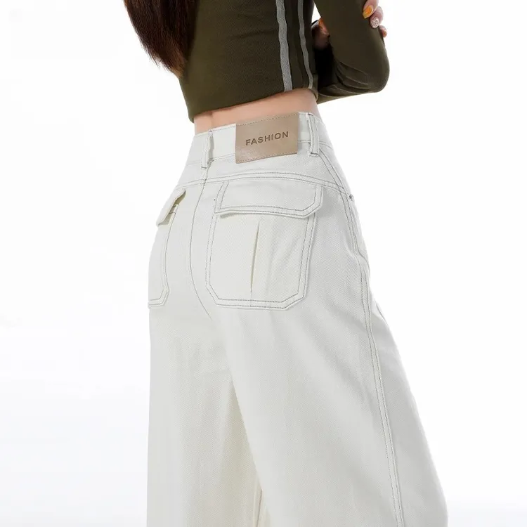 白色窄版阔腿牛仔裤女秋冬2025年新款特色口袋宽松高腰直筒弯刀裤