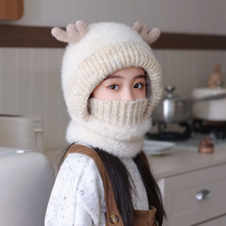 儿童帽子围脖口罩一体冬季防风保暖户外骑车帽可爱毛绒宝宝护儿帽