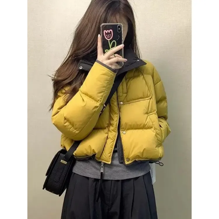 【现货】2025巨好看的黄色撞色棉服女冬小个子韩系短款面包服厚外套