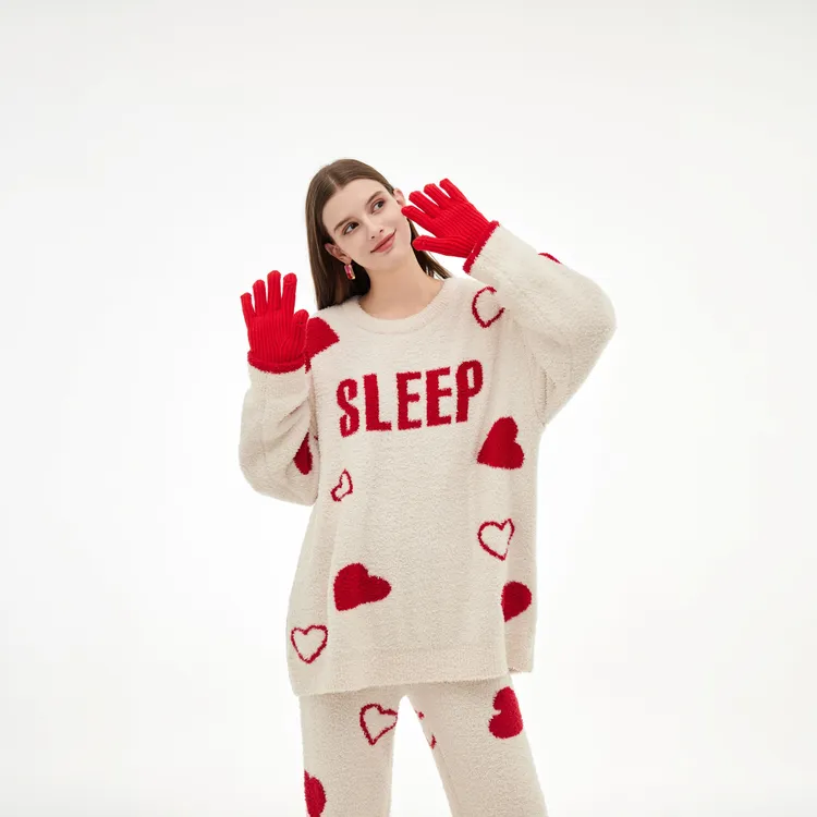 半边绒SLEEP冬季圆领保暖套装女睡衣家居服套装加绒宽松可外穿