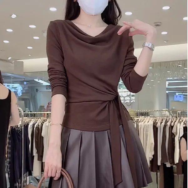 韩版不规则薄款长袖t恤女早秋新款时尚气质洋气减龄系带收腰上衣