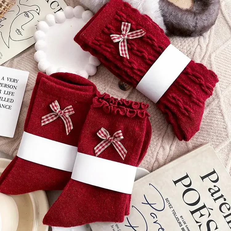 冬季新款红袜子女本命年安格拉红甜美格子蝴蝶结中筒袜马年过年袜