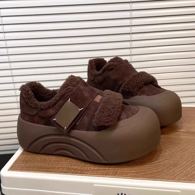 毛毛鞋女厚底圆头百搭魔术贴棉鞋加绒时尚雪地靴冬季新款休闲板鞋