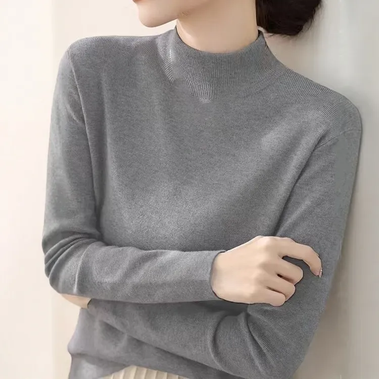 灰色半高领针织修身长袖打底衫女秋冬新款洋气内搭毛衣高级感上衣