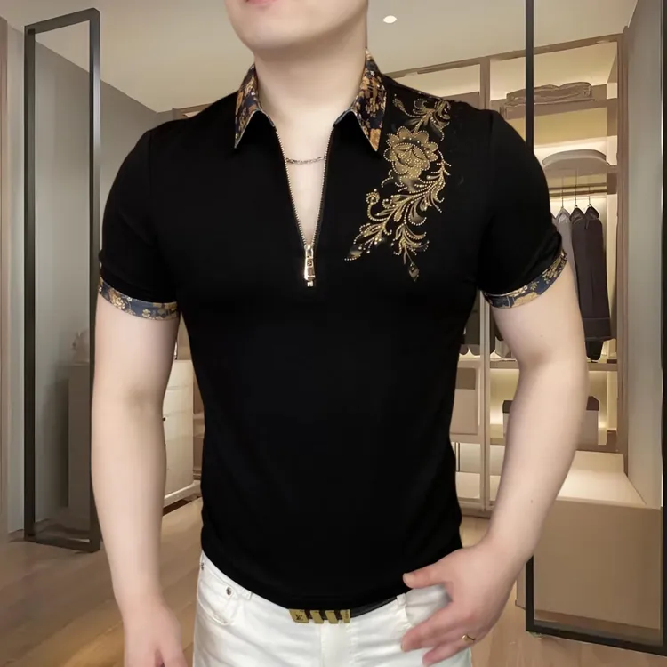 欧洲站夏季男士短袖polo衫t恤潮牌时尚个性金纹雅仕帅气轻奢百搭T