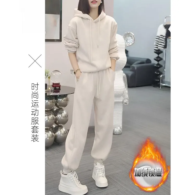 优雅加厚连帽运动衫夹克套装2025年秋冬减龄卫衣休闲裤运动两件套