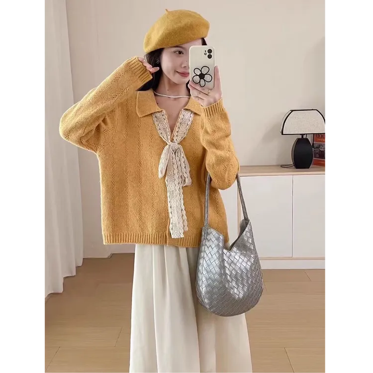 设计感气质系带蝴蝶结V领混纺毛衣开衫洋气减龄针织衫1305-1