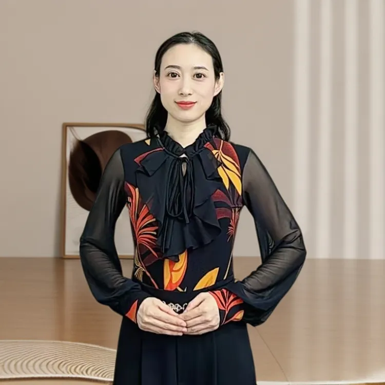 欢舞阁吉特巴摩登舞气质女士镂空交际舞广场舞绑带长袖舞衣A0605