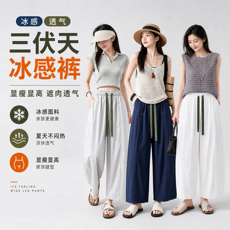 【三伏天冰感裤】九分夏季薄款透气气球阔腿裤女宽松显瘦休闲裤8960