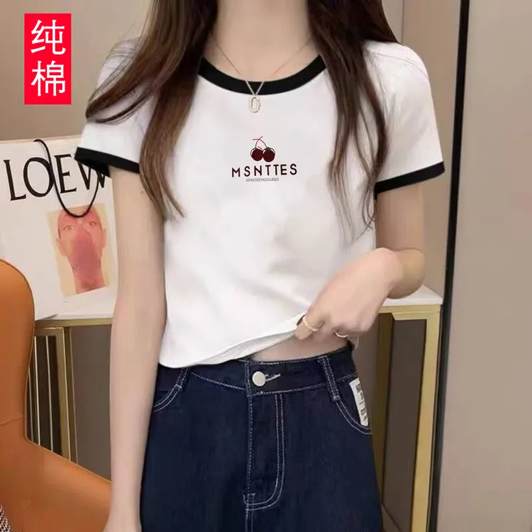 短袖女款爆款2025新款圆领拼接短袖T恤宽松简约时尚百搭洋气上衣