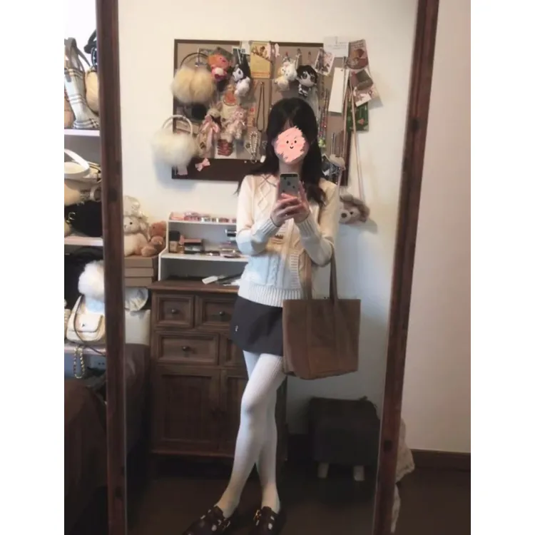 韩系半开领连帽针织衫女秋季新款小个子学院风穿搭套装咖色半身裙