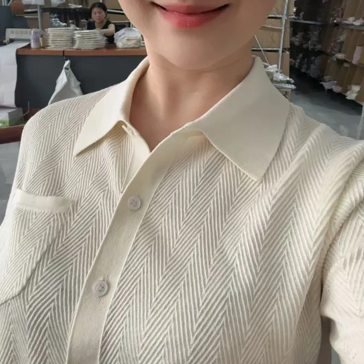 【禾同款】桑蚕丝棉斜纹人字肌理感POLO领针织短袖开衫T恤上衣女