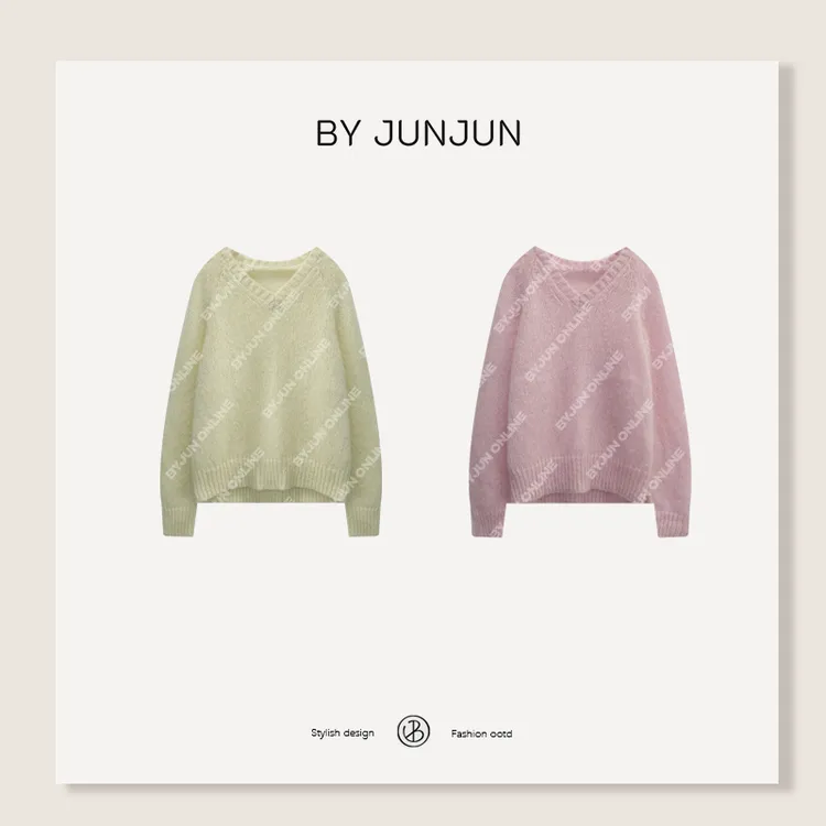 ByJunjun马海毛羊毛混纺V领毛衣减龄显瘦针织衫