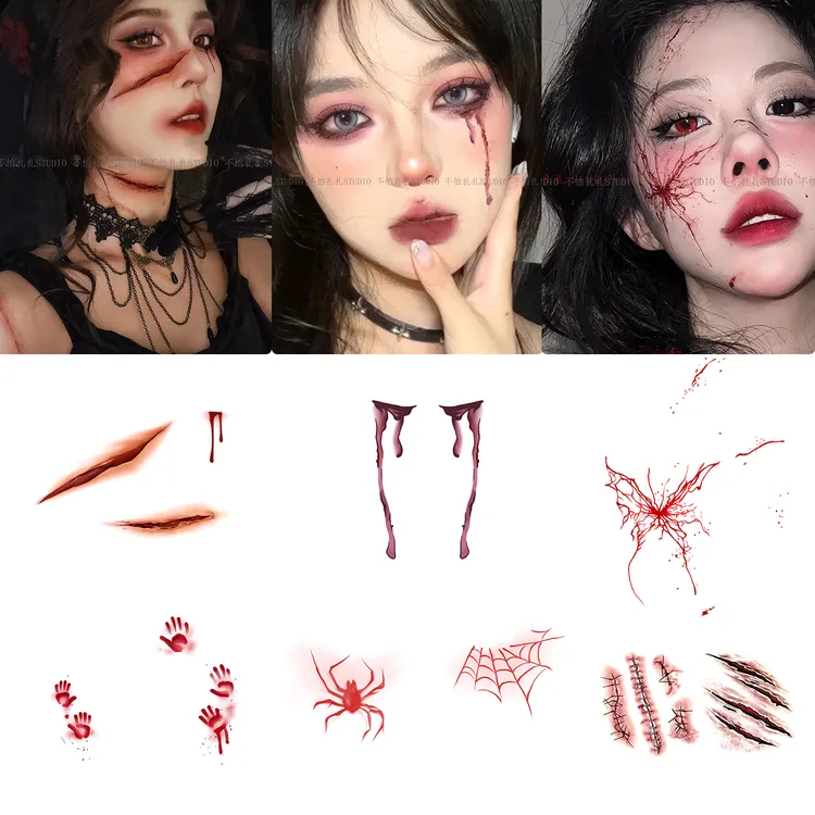 暗黑风万圣节仿真妆容脸贴cosplay纹身贴可水洗防汗脸颊甜酷彩色