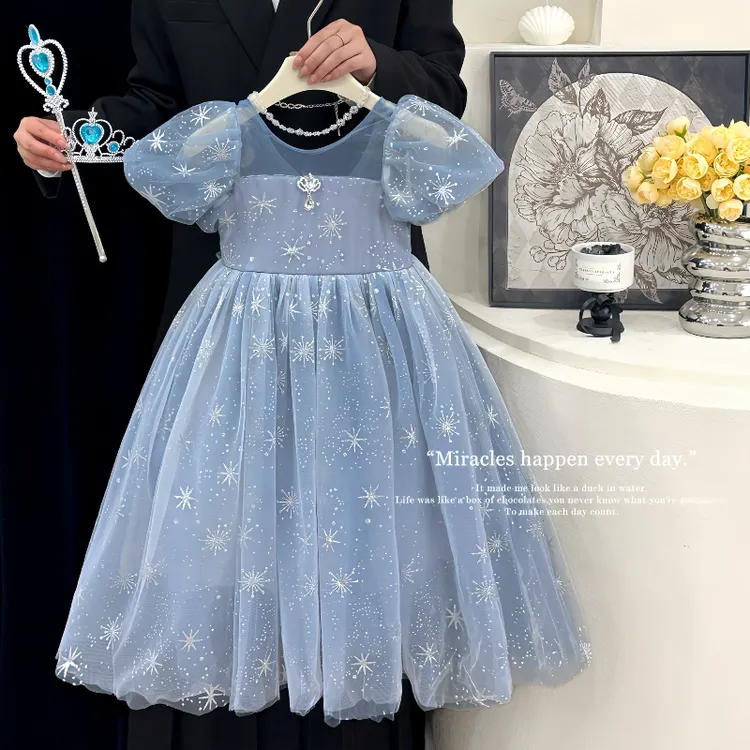 艾莎公主裙女童夏季2025新款泡泡袖礼服裙子冰雪奇缘小女孩连衣裙