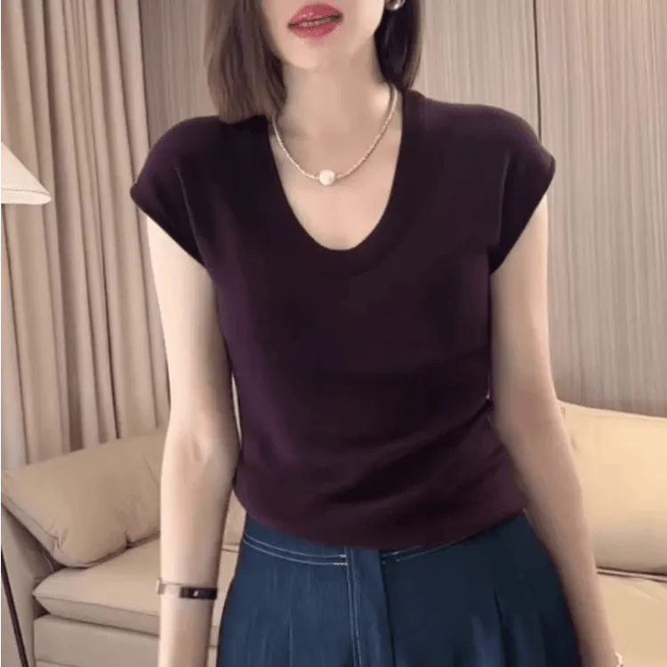 夏季深紫色正肩修身收腰冰丝短袖t恤女高级气质短款U领飞飞袖上衣