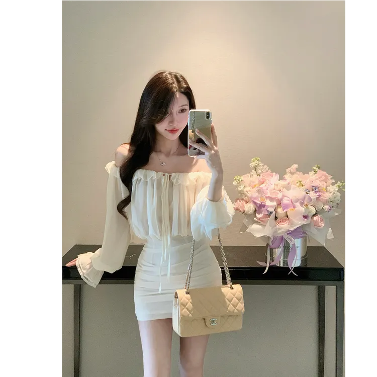 【层叠氛围】2025春夏新款法式设计感一字肩气质包臀裙收腰连衣裙女