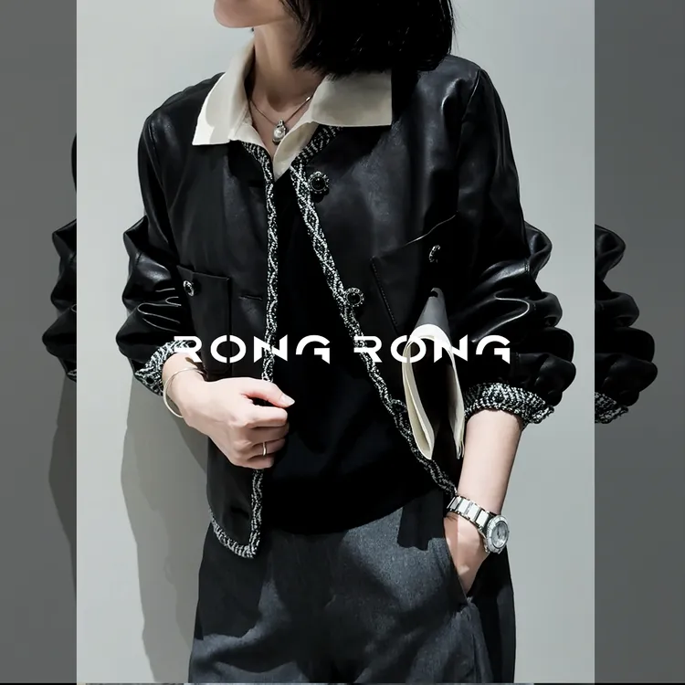 溶溶【星光夜曲】RONGRONG 羊皮拼接粗纺小香风灯笼袖皮衣25031RR