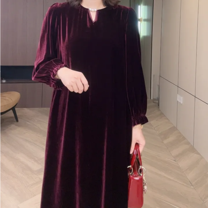YS031-2 酒红转运珠圆领真丝丝绒休闲女士桑蚕丝连衣裙M116