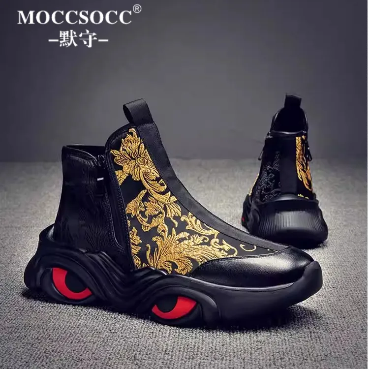 MOCCSOCC高帮休闲鞋男厚底增高鞋中国风刺绣潮鞋个性时尚痞帅男鞋