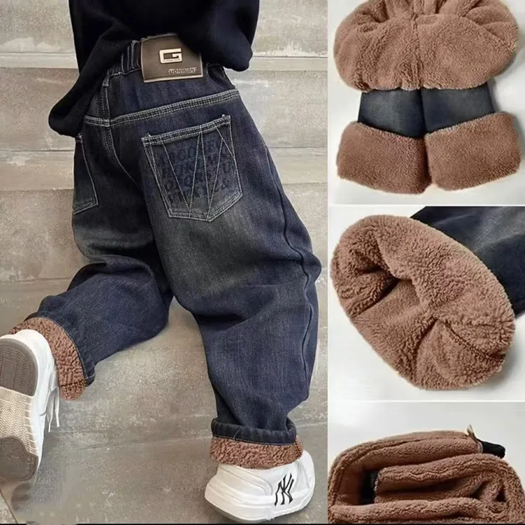 加绒加厚男童牛仔裤2025冬季新款中大童帅气男孩一体绒裤子秋冬款