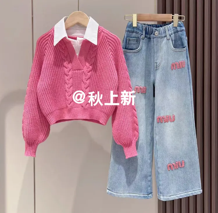 女童装新款毛衣时尚秋装儿童2025春秋季时髦中大童冬女孩牛仔裤潮