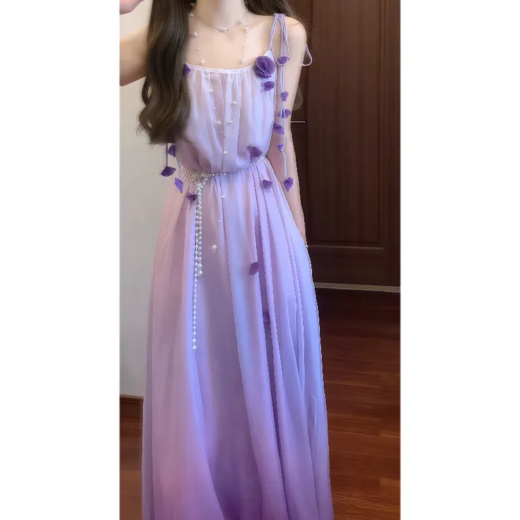 紫色渐变立体花朵装饰吊带连衣裙海边度假风气质长裙9284