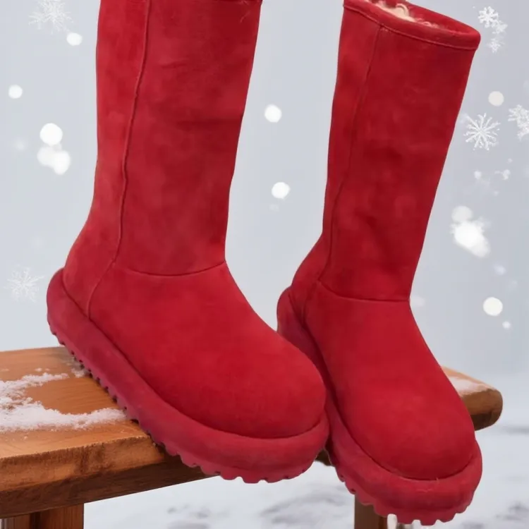 冬季红色厚底磨砂皮羊毛中筒雪地靴女保暖两穿新款靴子时尚百搭