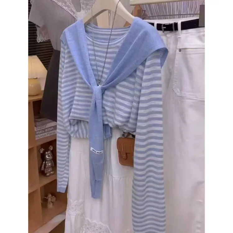 披肩圆领条纹长袖针织衫女秋季新款学院风减龄ins百搭显瘦两件套