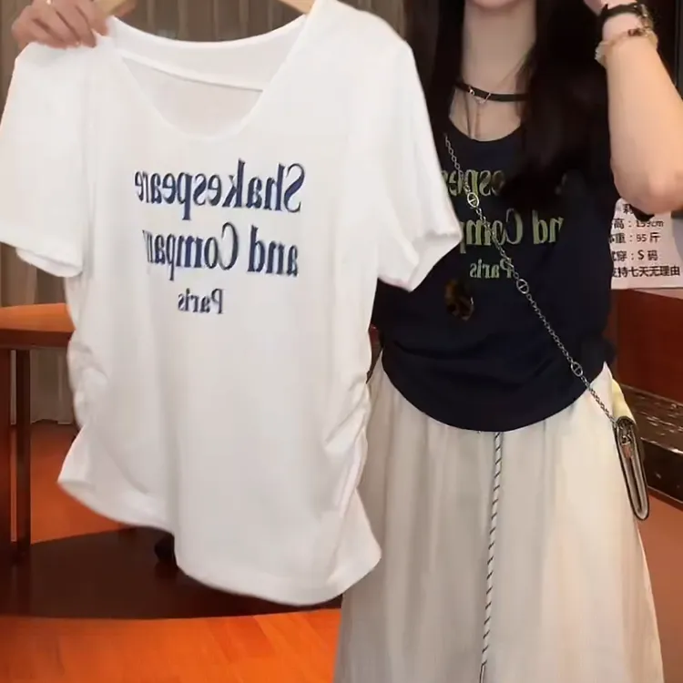 设计感时尚字母印花收腰短袖T恤女2025夏季新款时尚百搭通勤上衣
