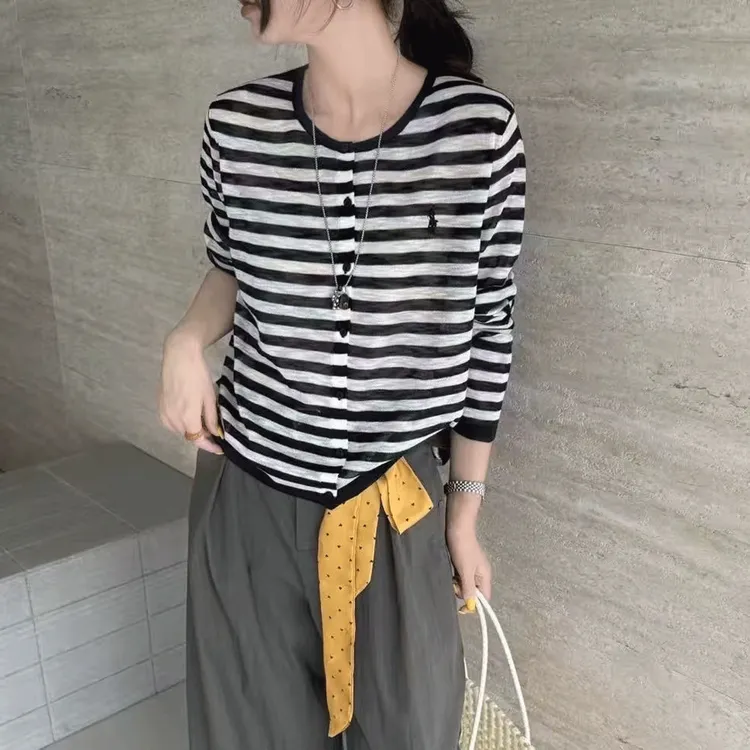 B 门店55&9！奥利奥开衫」莱赛尔天丝麻经典条纹显瘦针织上衣 T4716