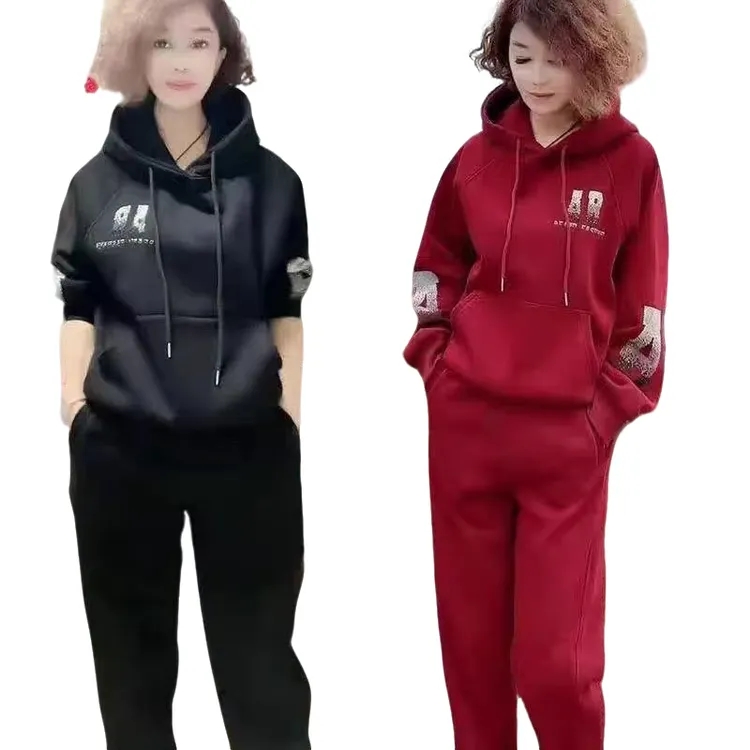 网红韩版秋冬显瘦连帽加绒两件套时尚减龄百搭字母运动女士套装