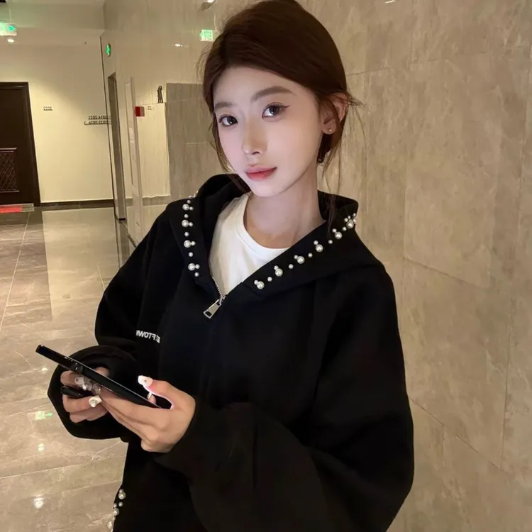 钉珠连帽开衫卫衣女春秋季新款美式复古外套休闲宽松设计感上衣