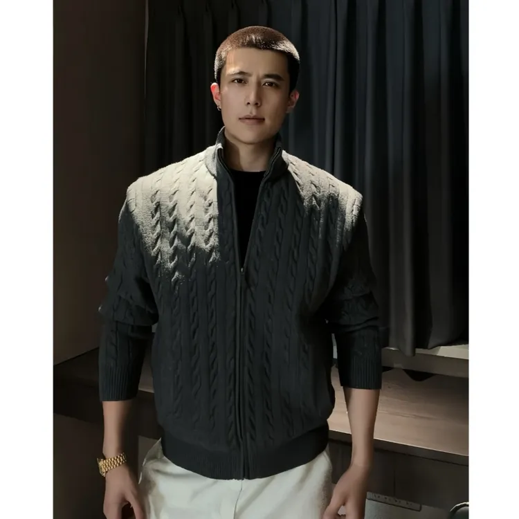 【西博】秋季浮雕麻花宽松针织毛衣开衫男复古休闲线衣立领开衫外套
