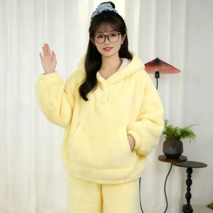 【变态厚】冬季纯色简约大码加绒加厚加连帽保暖宽松家居服毛绒套装