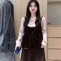 韩系穿搭简约秋季新款时尚休闲丝绒吊带+打底T恤两件套装女8263