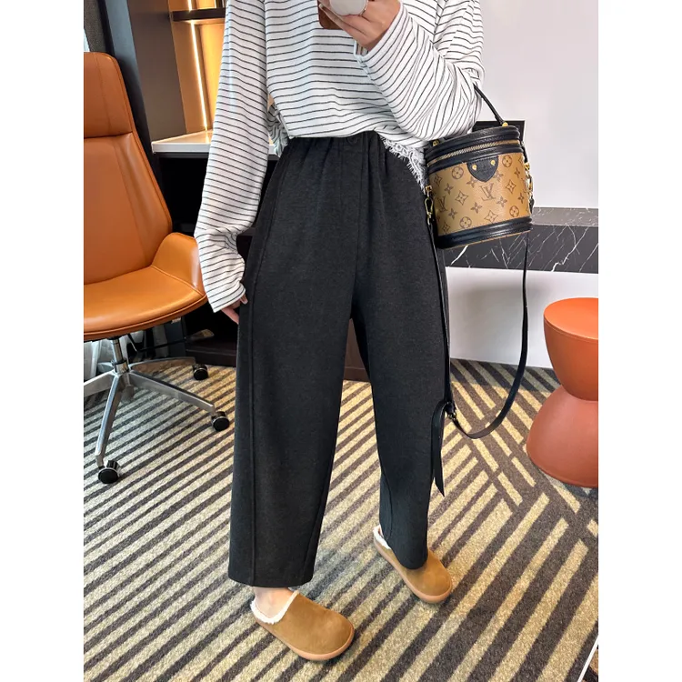 百搭加绒萝卜休闲毛呢裤秋冬新款梨形小个子显瘦宽松九分哈伦裤