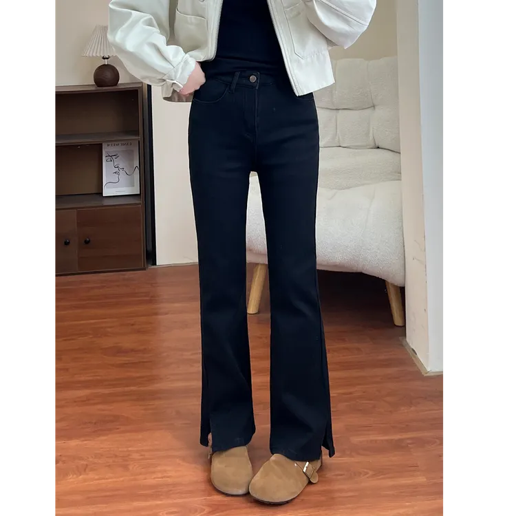 黑色开叉微喇叭牛仔裤女冬季加绒胖mm梨形身材高腰显瘦窄版直筒裤