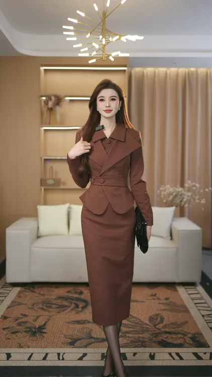 罗曼定制 高定原创叠领假两件收腰上衣女新+半身裙时尚秋气质套装