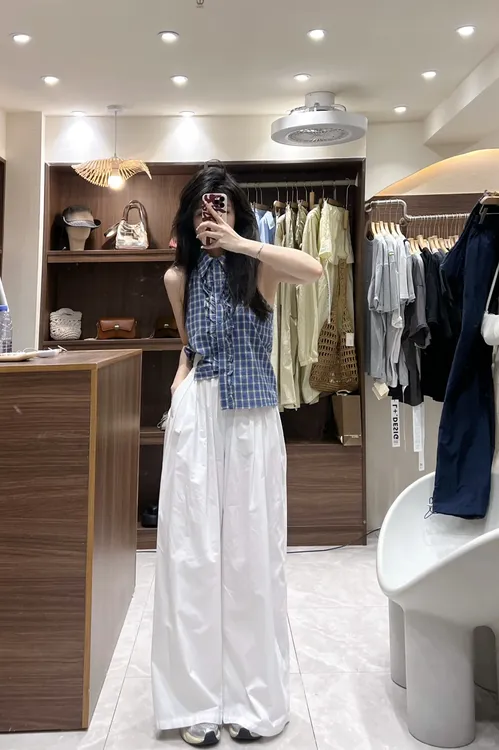 2025夏季新款韩系穿搭慵懒风格子无袖上衣搭配阔腿裤显瘦两件套女