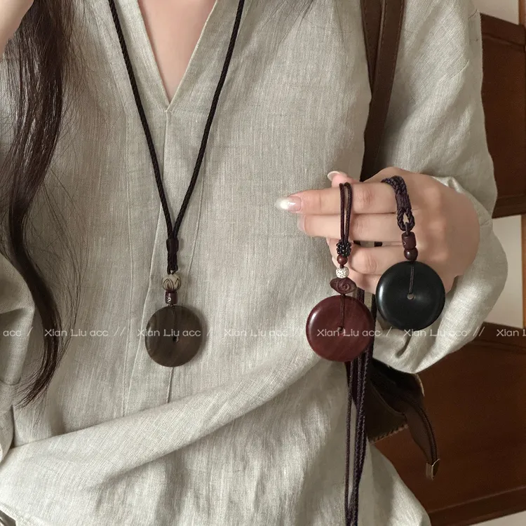 非金属布艺项链 新中式国风平安扣项链女长款编绳毛衣链锁骨链潮 