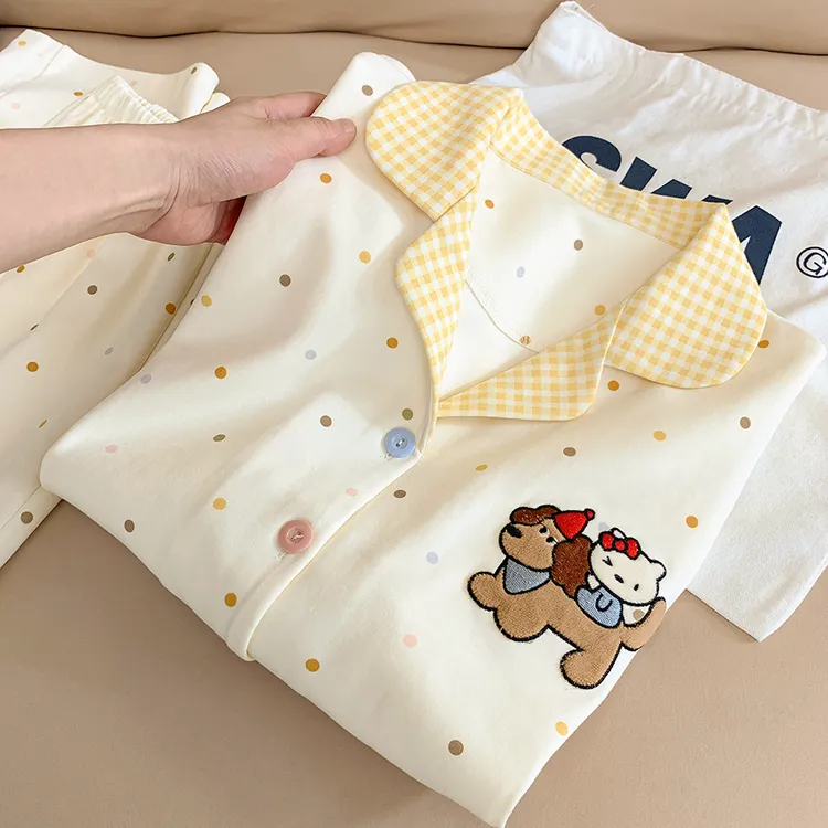 长袖长裤春秋季薄款睡衣女纯棉2025年爆款卡通圆点全棉家居服套装