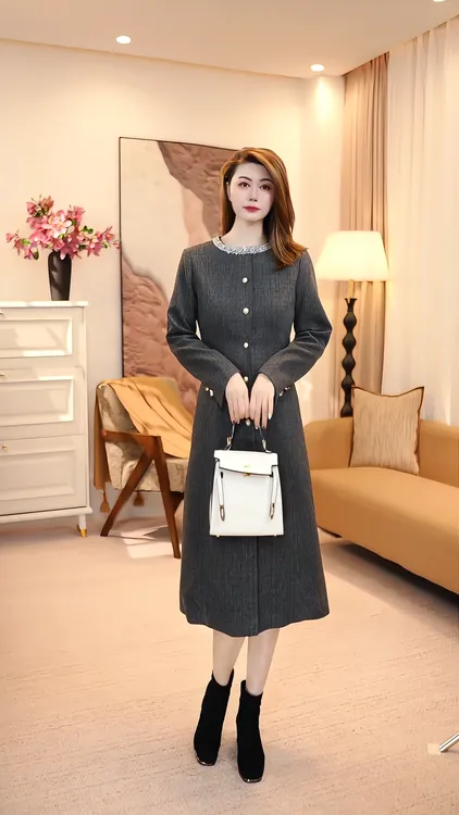 秋冬中长裙显瘦圆领轻职风连衣裙冬季时尚百搭 86105