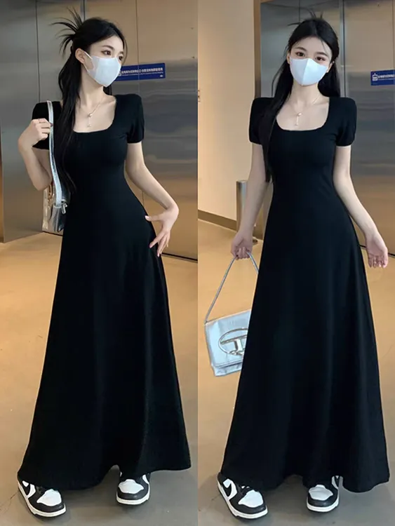 早春黑色方领连衣裙子女夏季2025新款修身显瘦气质高级感收腰长裙