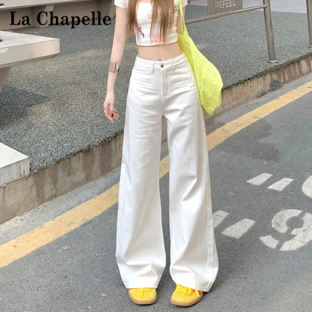 拉夏贝尔白色阔腿牛仔裤女2025春秋新款显瘦高腰宽松小个子拖地裤