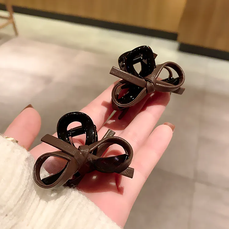 秋冬咖色蝴蝶结皮质夹子小号抓夹刘海侧边夹半扎发气质发卡夹发饰