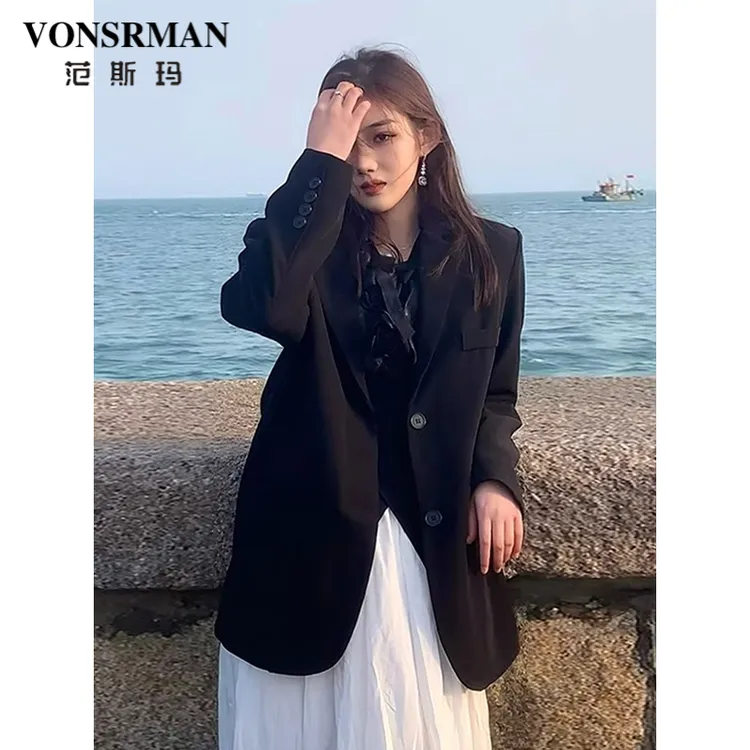 高级感炸街黑色西装外套女2025春秋新款韩版廓型宽松气质显瘦西服