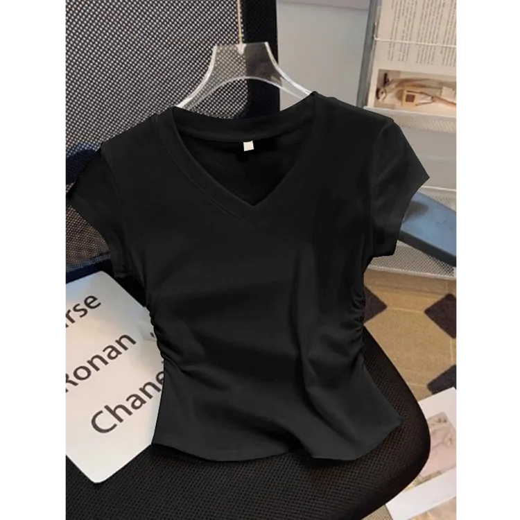 拉夏贝尔女2025年夏季设计感辣妹褶皱v领短款上衣美式正肩短袖t恤